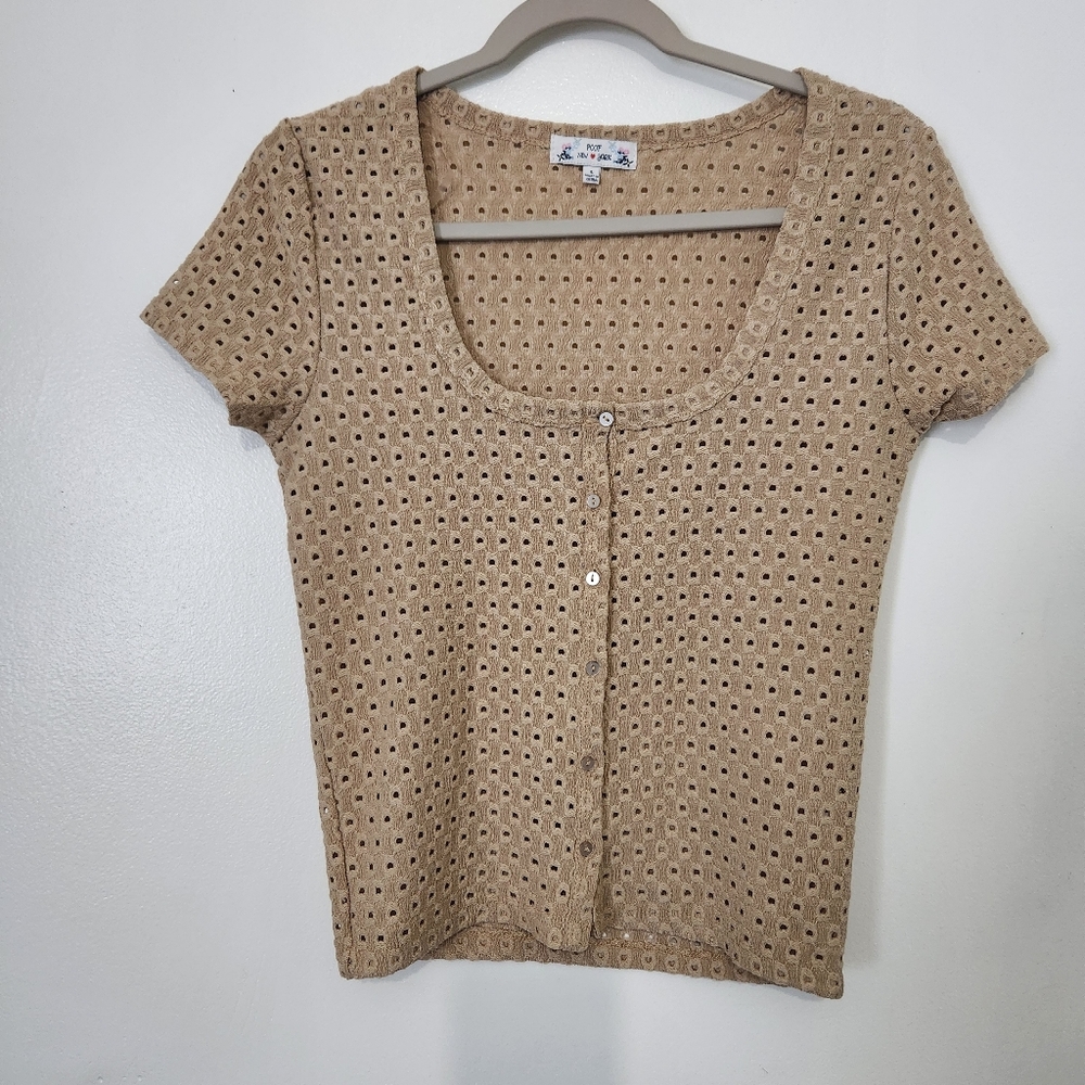 Poof! New York Large Tan Eyelet Scoop Neck Button Up Top Sheer Boho Baby Tee